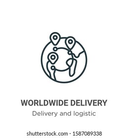 Worldwide delivery outline vector icon. Thin line black worldwide delivery icon, flat vector simple element illustration from editable delivery and logistics concept isolated on white background