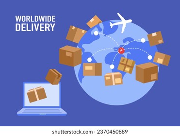 Worldwide delivery service of goods vector illustration. Parcel boxes are on express shipping around the world. Online Order.