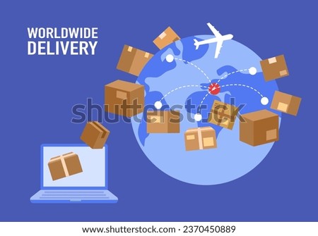 Worldwide delivery service of goods vector illustration. Parcel boxes are on express shipping around the world. Online Order.