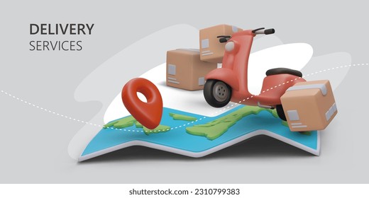 Servicio de entrega a nivel mundial. Enviar órdenes a diferentes países. Concepto de vectores para fabricante, tienda, empresa de transporte. Ilustración 3D con scooter, cajas de cartón, mapa, etiqueta geo