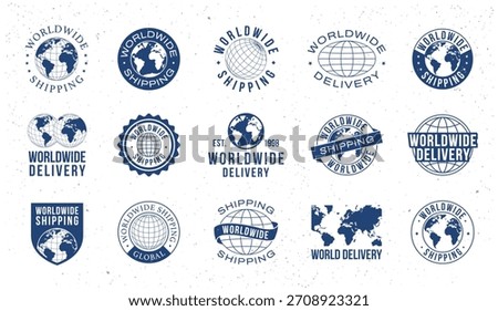Worldwide delivery and shipping logo set with earth globes and global logistics icons. Badges and stamps for international shipping, global service and worldwide delivery. Vector illustration