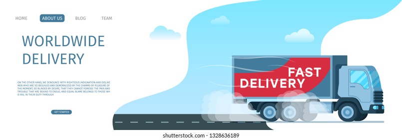 Worldwide Delivery Storage Cargo Truck on Road. Picture of Fast Express Shipping Grey Van with Title on Side. Warehouse Supply Transport Driving Quickly. Flat Cartoon Vector Illustration