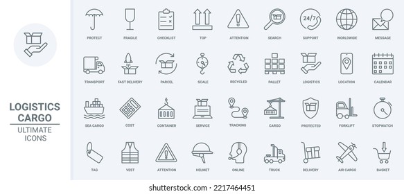 Los iconos de la línea delgada del servicio de soporte de entrega a nivel mundial, la logística y el transporte configuran la ilustración del vector. Camión de desdoblamiento, barco para el envío rápido de paquetes de carga, grúa y carretilla elevadora, paraguas y escudo