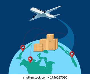 Worldwide Delivery System illustration set. earth, airplane, shipping, box, point. Vector drawing. Hand drawn style.