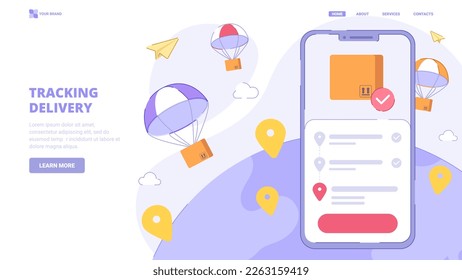 Worldwide delivery, tracking delivery, world wide shipping. Flat design concept with characters for landing page. Vector illustration for website, banner.