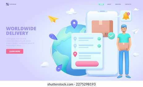 Worldwide delivery, tracking delivery, world wide shipping. 3d design concept with characters for landing page. Three dimensional vector illustration.