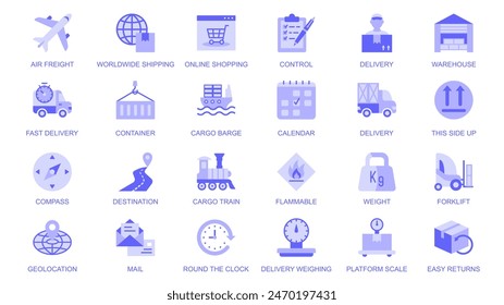 Worldwide delivery web icons set in duotone flat design. Pack pictograms with air freight, shipping, online shopping, control, warehouse, container, location, destination, mail. Vector illustration.