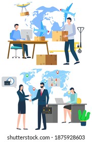 Worldwide delivery, workers handshaking, man and woman teamwork. International business, cardboard box, courier and businessman, globe and commerce vector