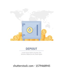 Worldwide deposit concept. Vector illustration flat design style. Money safe with stack coins on world map background.