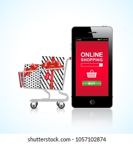 Worldwide e commerce and online shopping by smartphone through website and mobile banking payment or credit card  with shopping cart and gifts sign in business concept vector illustration