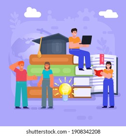 Worldwide education, study, read books. Group of students stand near big books, globe. Modern vector illustration