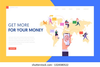 Worldwide Email Communication Concept Landing Page. Business and Marketing Global Network and Social Media Advertising Content on Mobile Phone Website or Web Page. Flat Cartoon Vector Illustration
