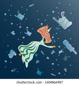 Worldwide, environmental pollution is harmful from plastic. Vector stock illustration, man drowning garbage from plastic waste.