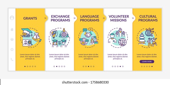 Worldwide exchange onboarding vector template. Education grant. Volunteer mission. Transfer student. Responsive mobile website with icons. Webpage walkthrough step screens. RGB color concept