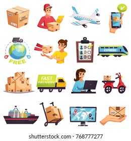 Worldwide express delivery shipment tracking and courier services icons collection with transportation operators parcels isolated vector illustration 