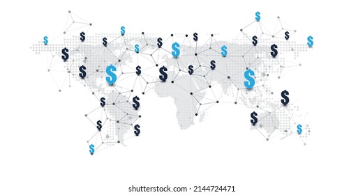 Worldwide Financial Connections, Online Banking, Digital Money Transfer -  Business Network Structure, Connection, Data Exchange, Cooperation, Technology Concept