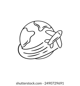 Worldwide flights. Airplane flight around planet earth doodle icon. Vector hand drawn sketch illustration.