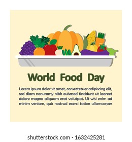Worldwide food day with variety of nutritious food.vegetables and fruits on the tray. Vector illustration.