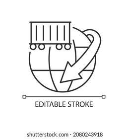 Icono lineal del negocio de envío de contenedores de carga a nivel mundial. Servicio de entrega de carga pesada. Ilustración personalizable de línea delgada. Símbolo de contorno. Dibujo de contorno aislado del vector. Trazo editable