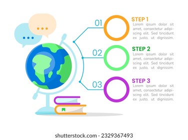 Weltweite geografische Kursform Infografik Design Vorlage. Abstrakte Vektorgrafik mit leeren Kopienräumen. Anleitung für Grafiken mit 3 Schritten. Visuelle Datendarstellung