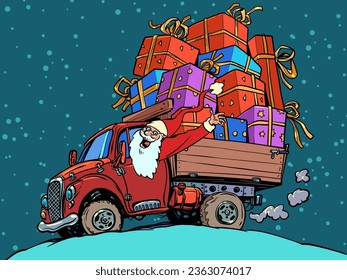 Worldwide gift delivery from best service. The atmosphere of December and the upcoming holidays. Santa Claus is driving his car with gifts and waving.