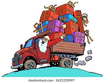 Worldwide gift delivery from best service. The atmosphere of December and the upcoming holidays. Santa Claus is driving his car with gifts and waving. Comic cartoon pop art retro vector illustration