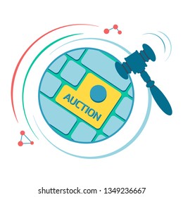 Worldwide global auction round flat vector icon, hammer, keyboard, sale, trade, online, online store, planet,