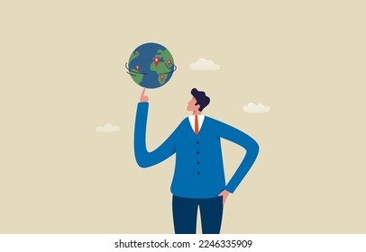 Worldwide or Global Business. international cooperation, business network. Businessman stands spinning globe on finger to find a place to pin.