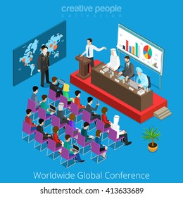 Worldwide global conference meeting room scene report concept. Flat 3d isometry isometric style web site app icon set concept vector illustration. Creative people collection.