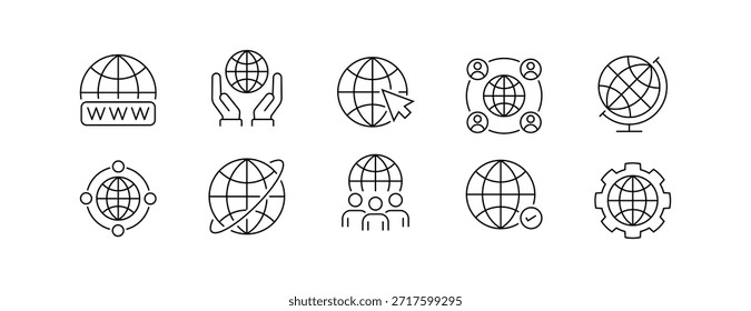 Conjunto de ícones de conexão mundial e global com símbolos de rede e Internet em estilo de linha editável