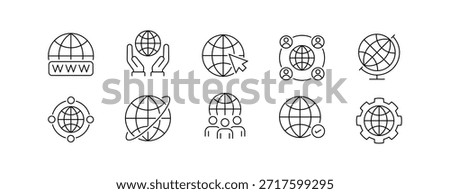 Worldwide and Global Connection Icon Set with Networking and Internet Symbols in Editable Line Style