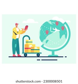 Worldwide, global delivery. Delivery of goods to any country. Advanced courier services, air transportation. Delivery of orders, purchases by plane. Man prepares parcels and calculates logistics