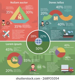 Worldwide global freight storage and delivery service logistic concept schemas infographic report poster abstract flat vector illustration