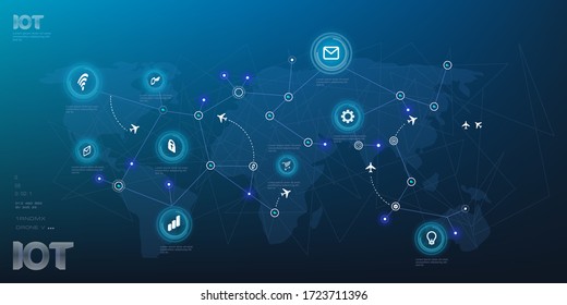 Worldwide global Internet network of things and network connected devices. Internet of things IOT Unified global information Internet network of air traffic communications on world map