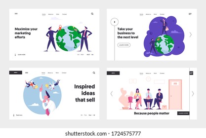 Worldwide Globalization, Job Hiring and Searching Idea Landing Page Template Set. Business People Characters on Earth Globe, Catching Muse and Wait Interview at Work. Cartoon Vector Illustration