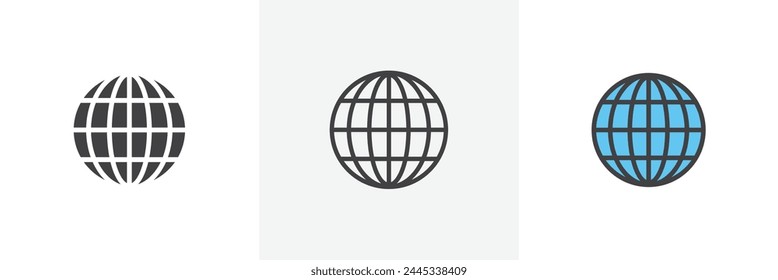 Worldwide Globe and Address Icons. Earth Representation and Global Reach Symbols.