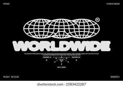 Worldwide globe print. Grunge wireframe graphic design with retro futuristic aesthetic. Vector