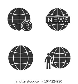 Worldwide glyph icons set. Global bitcoin, Earth, newscast, planet population. Silhouette symbols. Vector isolated illustration