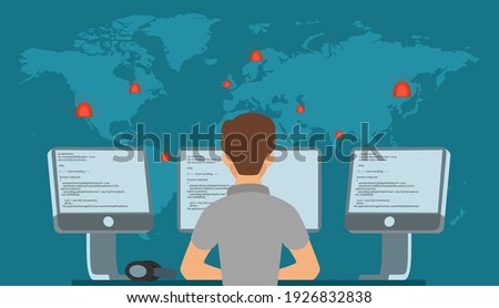 Worldwide hacker attack. Phishing or hacks, cyber crime. Programmer prevent online hacking vector concept