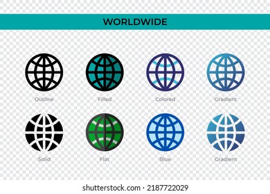 Worldwide icon in different style. Worldwide vector icons designed in outline, solid, colored, filled, gradient, and flat style. Symbol, logo illustration. Vector illustration