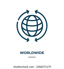 Icono mundial. Ilustración lineal vectorial de la colección de finanzas. Esquema de vector de icono mundial. Símbolo de línea delgada para uso en aplicaciones web y móviles, logotipo, medios impresos.