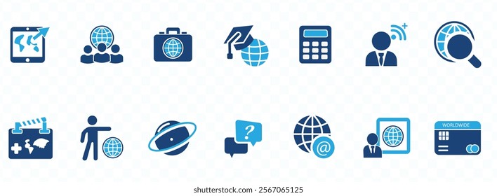 Worldwide icon set. Containing world, international, global, earth, network, sphere and globe. Solid vector icons collection.