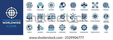 Worldwide icon set. Containing world, international, global, earth, network, sphere and globe. Solid vector icons collection.