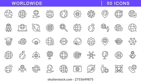 Worldwide icon set. Globe icons in line style. Editable web icons network, world, global, network, earth, sphere and international. Vector illustration.