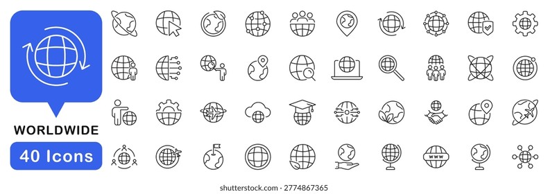 Worldwide icon set. Globe icons in line style. Editable web icons network, world, global, network, earth, sphere and international. Vector illustration. 