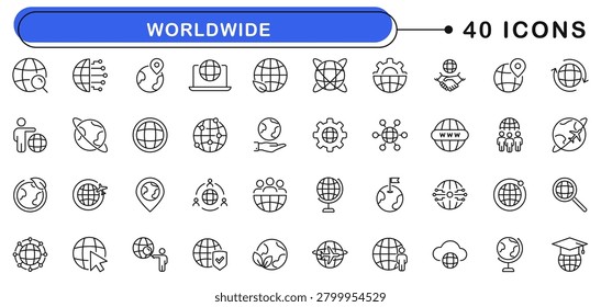 Worldwide icon set. Globe icons in line style. Editable web icons network, world, global, network, earth, sphere and international. Vector illustration. 