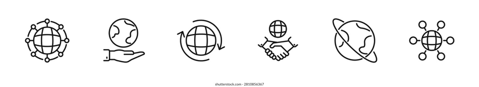 Worldwide icon set. Globe icons in line style. Editable web icons network, world, global, network, earth, sphere and international. Vector illustration. 