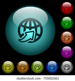 Worldwide icons in color illuminated spherical glass buttons on black background. Can be used to black or dark templates