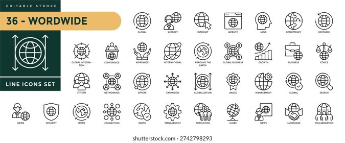 Worldwide icons set with editable stroke, including  world, network, sphere, global country, international, global, earth, globe. Thin linear vector illustration.