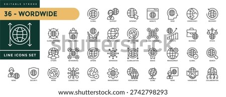 Worldwide icons set with editable stroke, including  world, network, sphere, global country, international, global, earth, globe. Thin linear vector illustration.